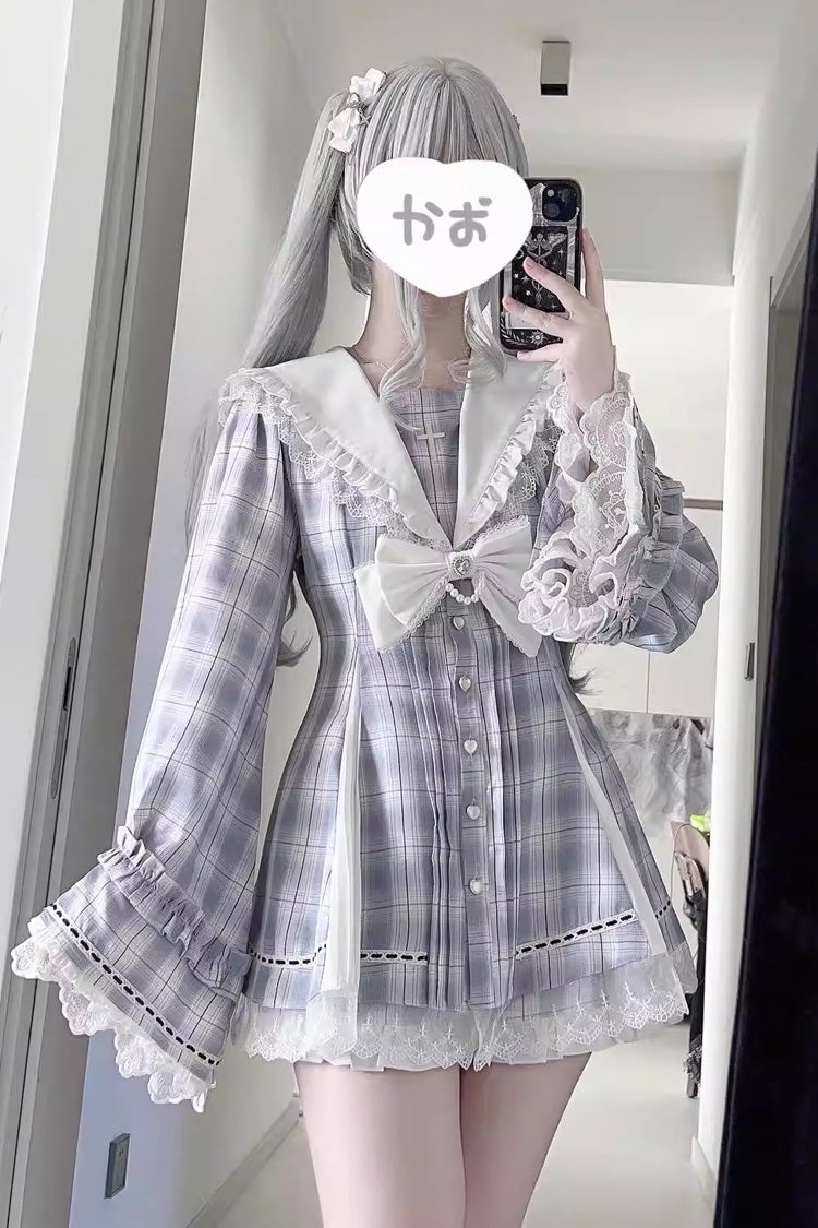 Sweet Square-Collar Bow Lace Pearl Jirai Kei Dress & Short Set