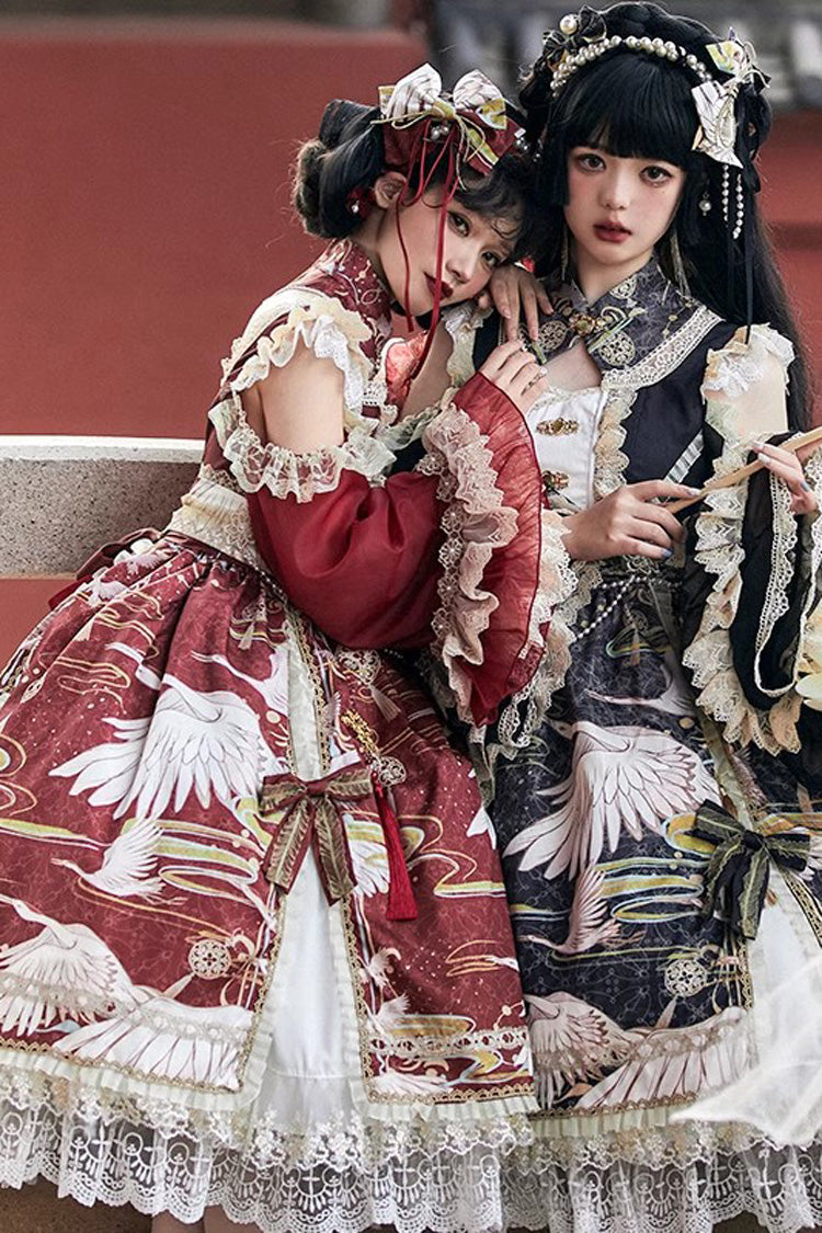 Chinese Style Long Sleeve Print Ruffle Lace Sweet Lolita Dress