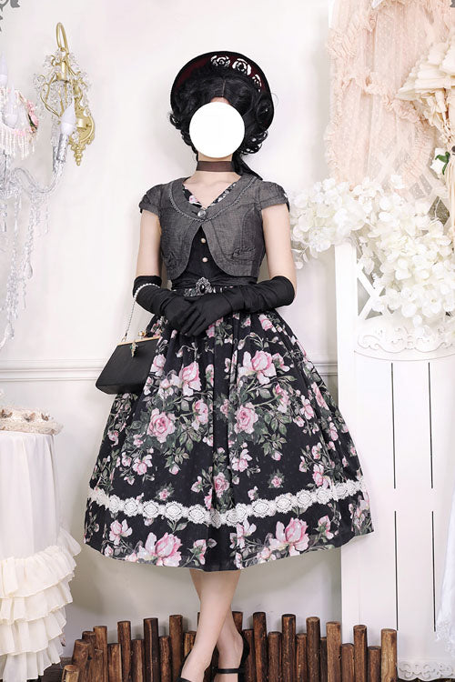 Black French Rose Floral Print V-Neck Sleeveless Ruffled Classic Lolita JSK Dress - Altfashion Shop