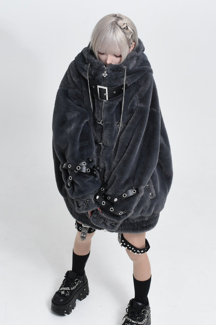 Hooded Punk Jirai Coat with Cross Leather Buckles in Two Tones