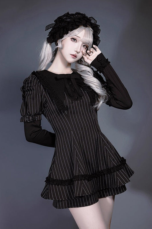 Black Striped Ruffled Bow Jirai Witch Outfit