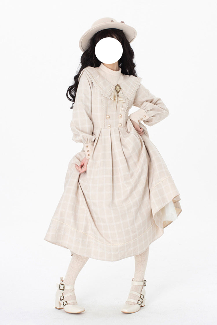 Apricot Elegant Sweet Lolita Dress with Long Sleeves Plaid Print and Bowknot Accents