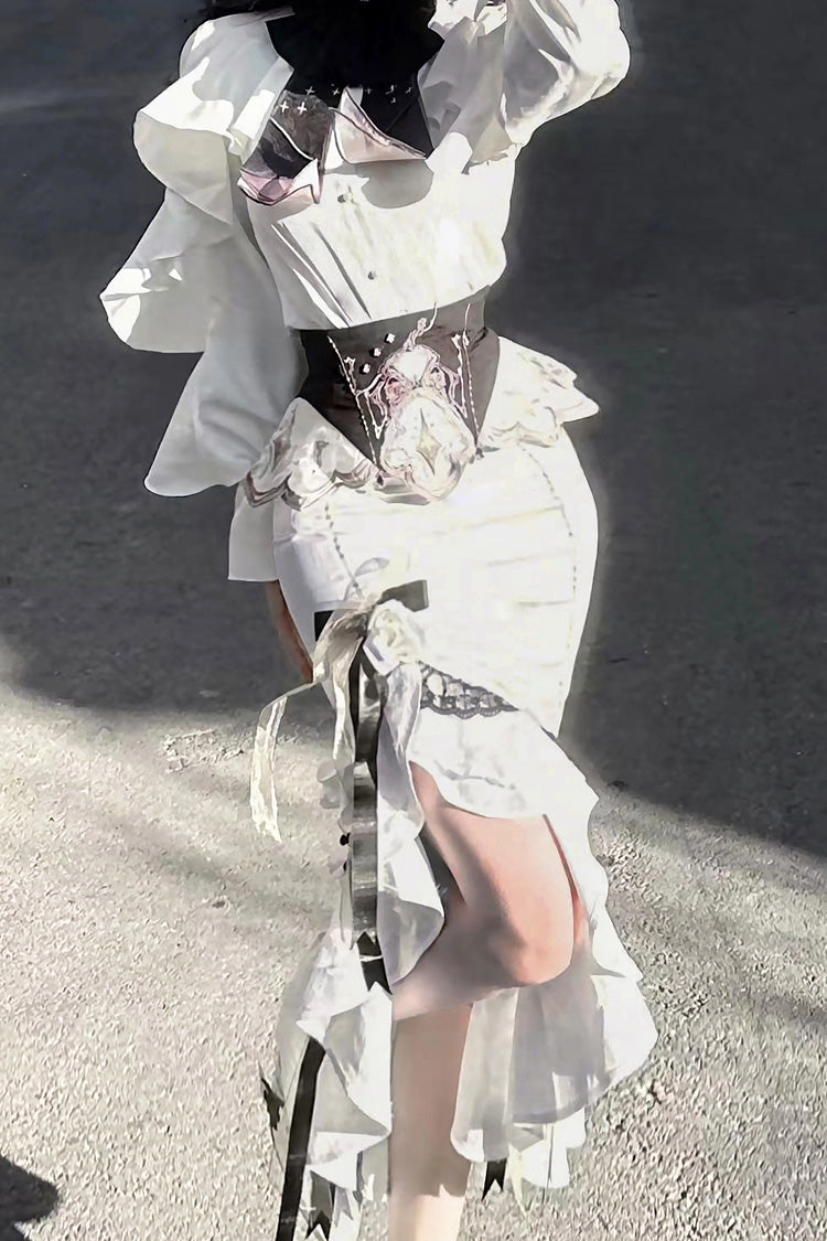 Ivory Jacquard Embroidered Irregular Skirt with Bow - Star Gate