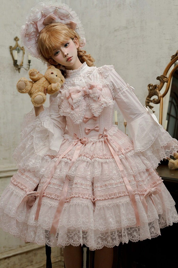 Pink Sleeveless Ruffled Bow Lace Sweet Lolita JSK - Reinas