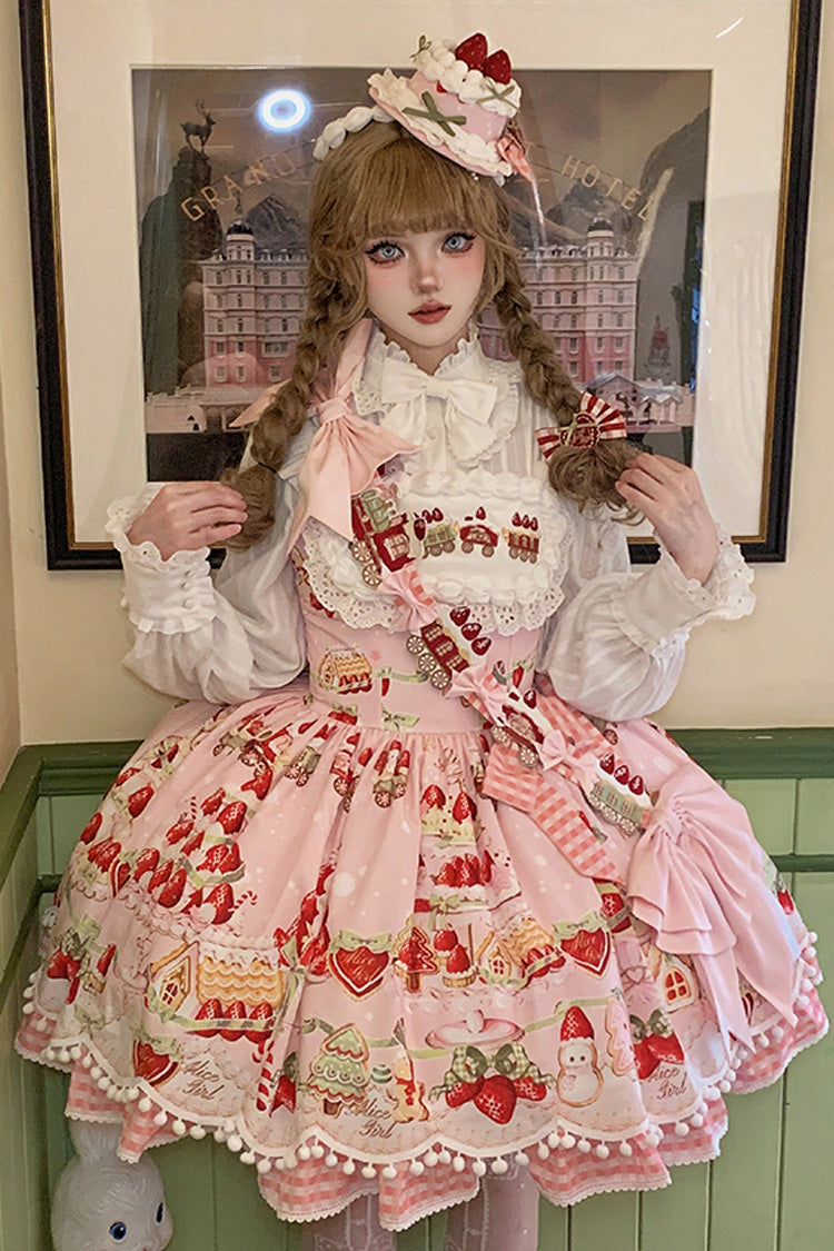Mint Strawberry Dessert Printed Natural Waist Sweet Lolita JSK Dress - Ruffled