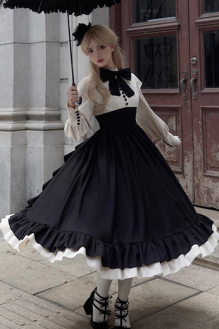 Elegant Rose-Embroidered Long-Sleeve Ruffle Bow Dress with Faux Two-Piece Style in 2 Shades