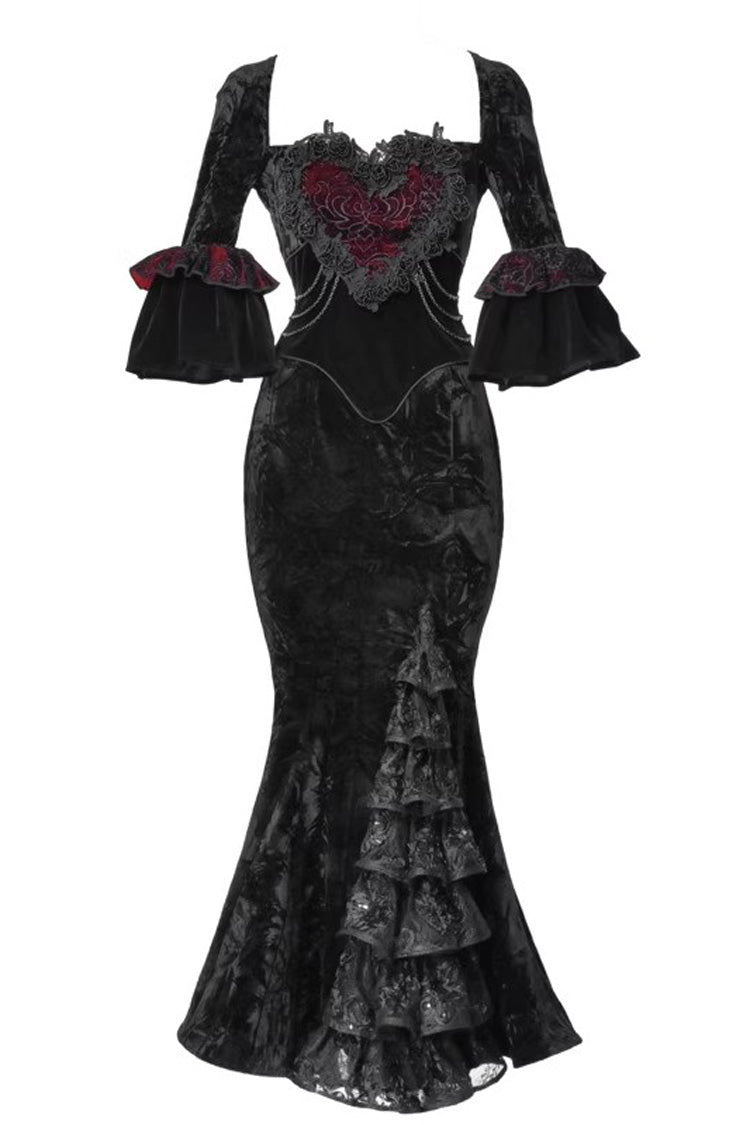 Square-Collar Embroidered Mermaid Gothic Dress in Black