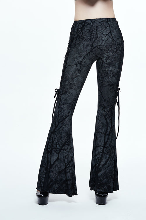 Gothic Bellbottom Pants with Branch Printing and Forest Motif