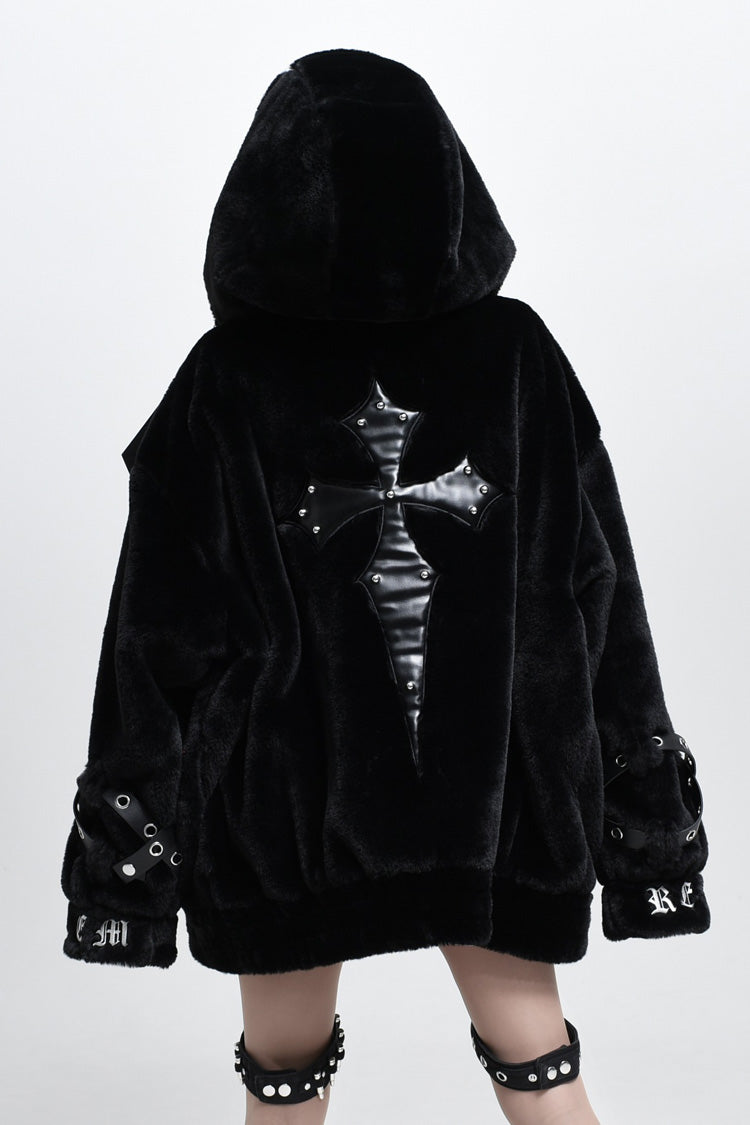 Hooded Punk Jirai Coat with Cross Leather Buckles in Two Tones