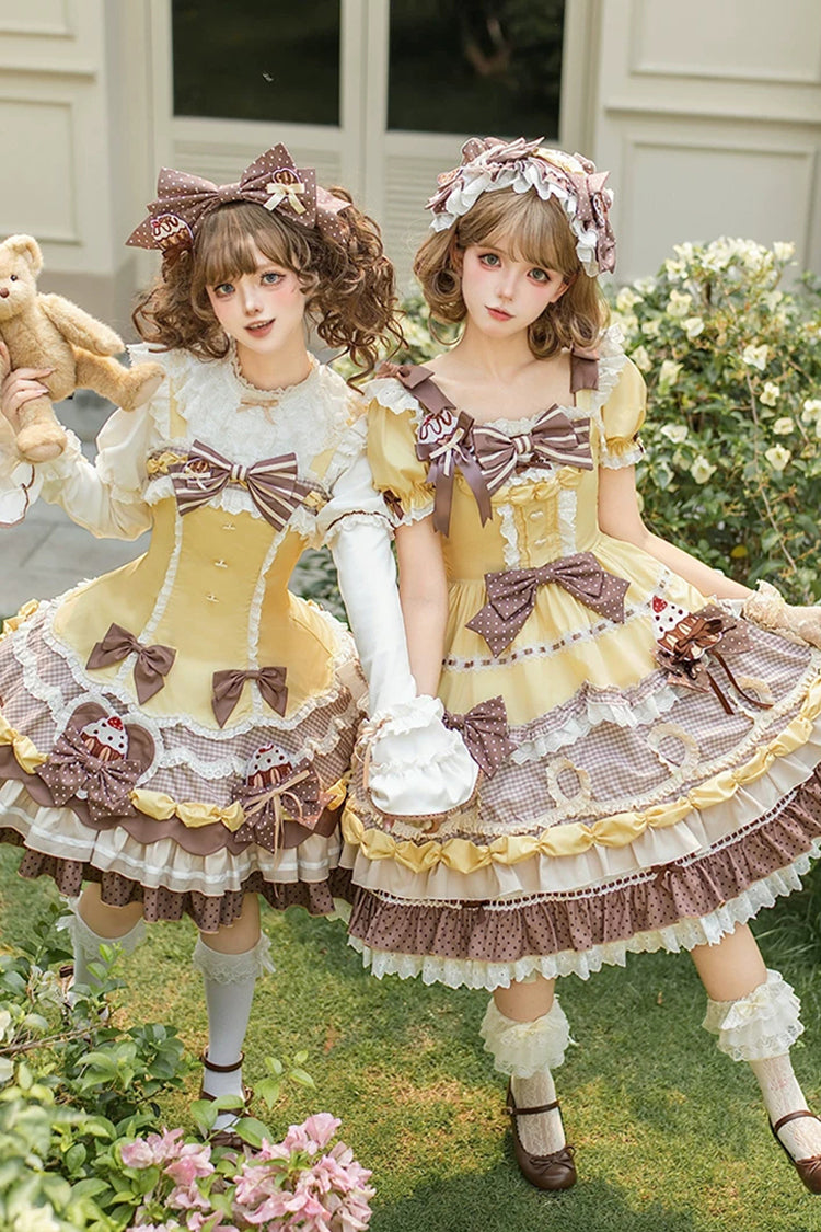 Polka Dot Cake Multi-Layered Printed Ruffled Sweet Lolita OP - Yellow/Brown