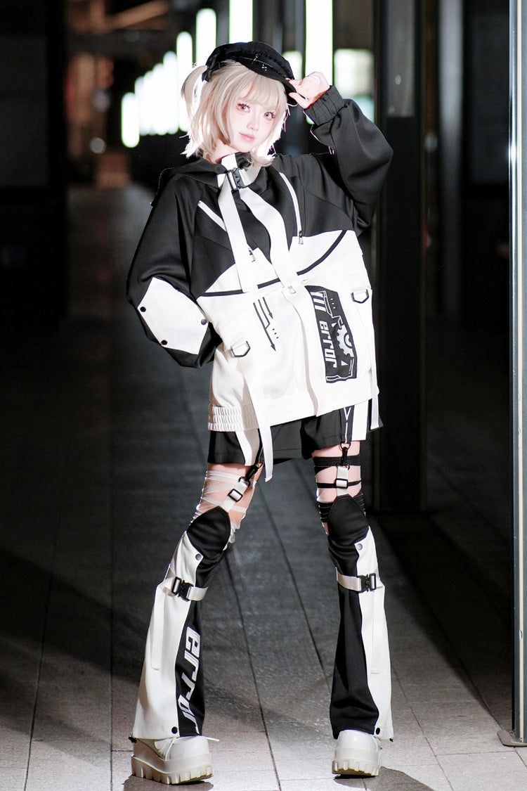 Black/White Zero-Type Transformation Techwear Long Sleeves Embroidered Hooded Punk Jirai Kei Shorts Coat Set