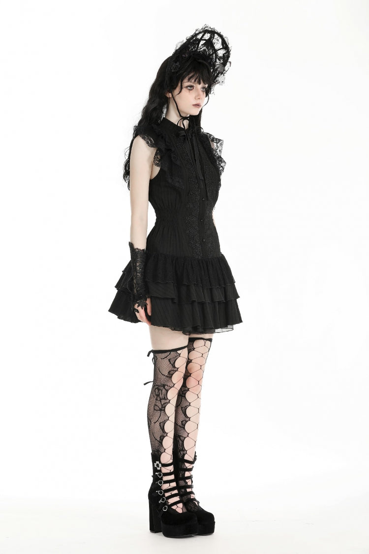 Gothic Sleeveless Black Lace Bow-Accented High-Neck Triple-Tiered Hem Long Dress