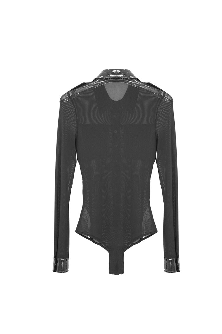 Vinyl Mesh Spliced Long Sleeve Punk Bodysuit Top