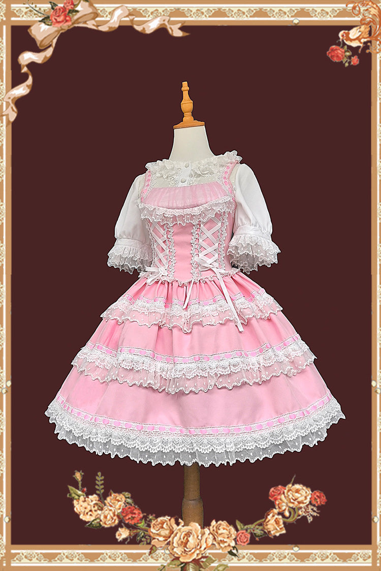 Doll in the Mirror Square Collar Sleeveless Ruffled Lace-Up Sweet Lolita Jsk Dress - Pink/White