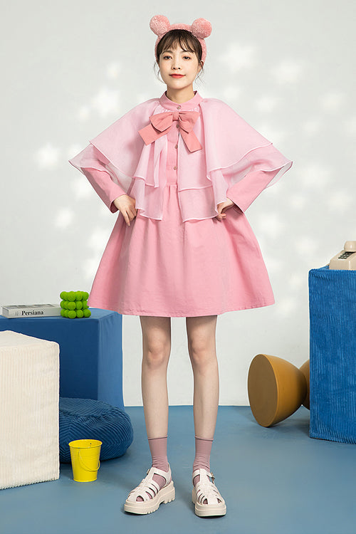 Blush Mandarin Collar Bow Organza Ruffled Shawl Princess Sweet Lolita One-Piece