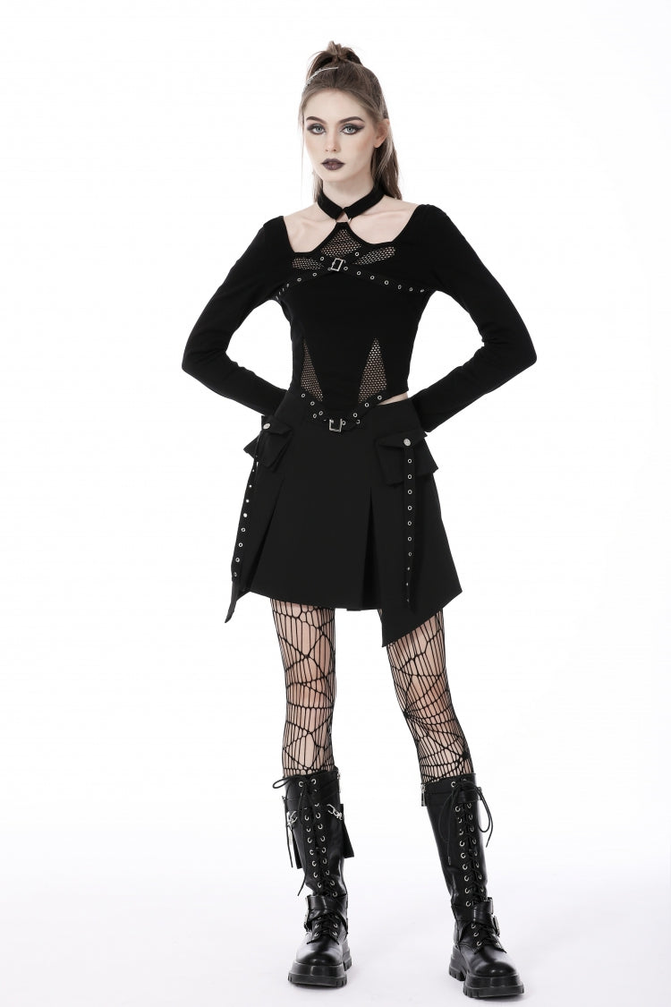Trendy Black Eyelet Mesh Splice Long Sleeve Halter Punk Crop Top