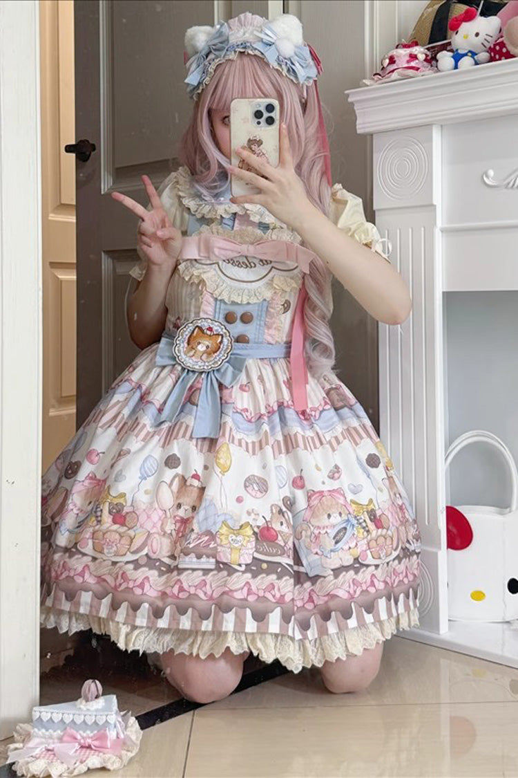 Sleeveless Print Ruffle Bow Lace Sweet Japanese Lolita Strap Dress - Multi Color