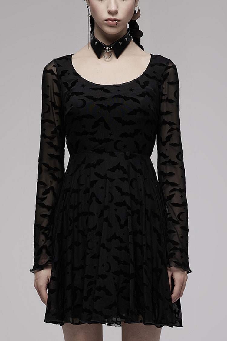 Minimalist Flared Sleeve Bat Moon Flocking Print Long Dress