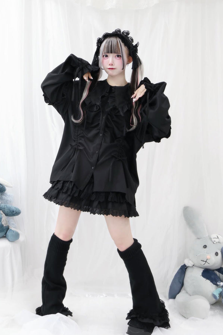 Japanese Blouse with Doll Collar, Long Sleeves, Ruffles, and Bow, 3 Colors