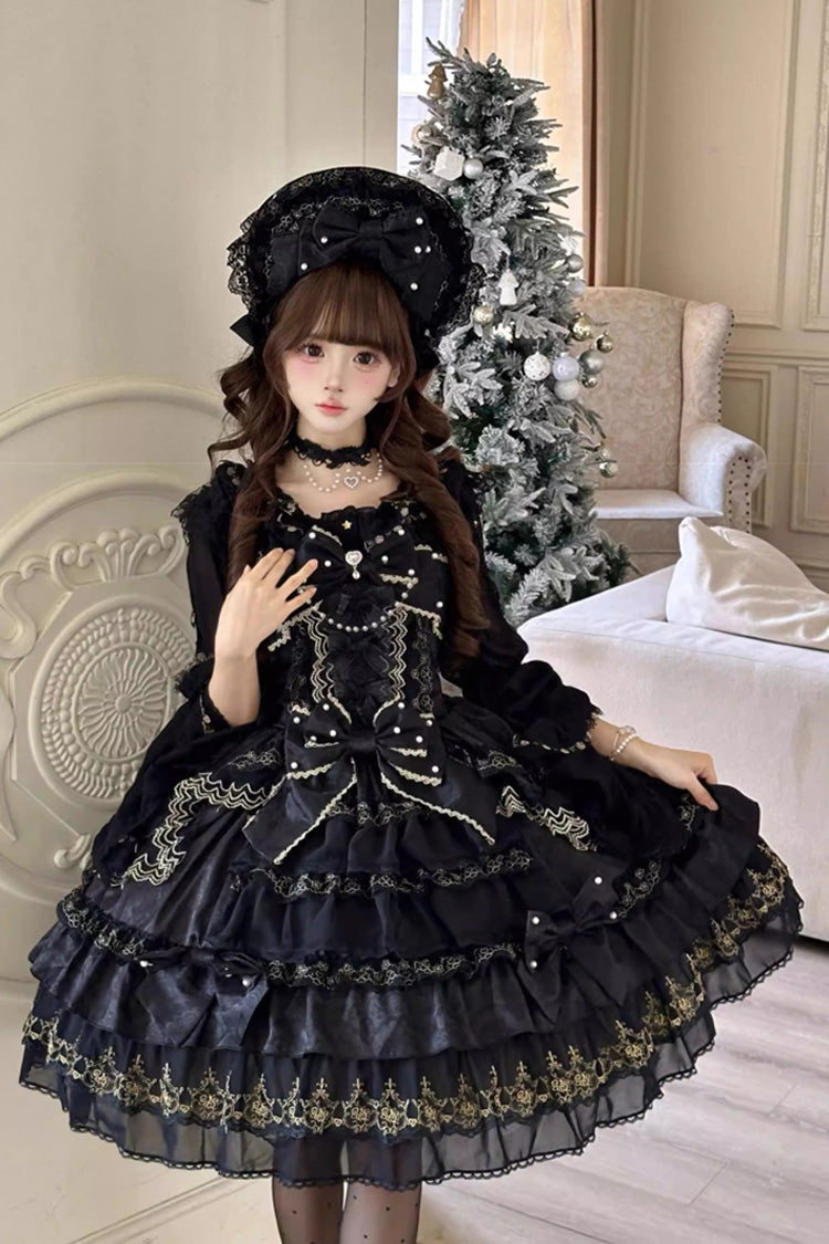 Noir Doll-Style Layered Ruffled Lace Gown - Dream-Sinking Pearl Veil