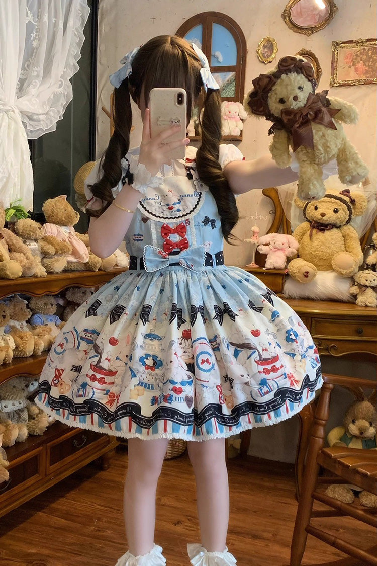 Sleeveless Print Bowknot Lace Sweet Lolita Strap Dress Blue