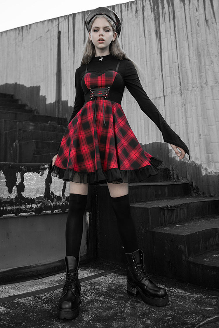 Lattice Plaid Stitching Binding Steam Punk Strap Dress