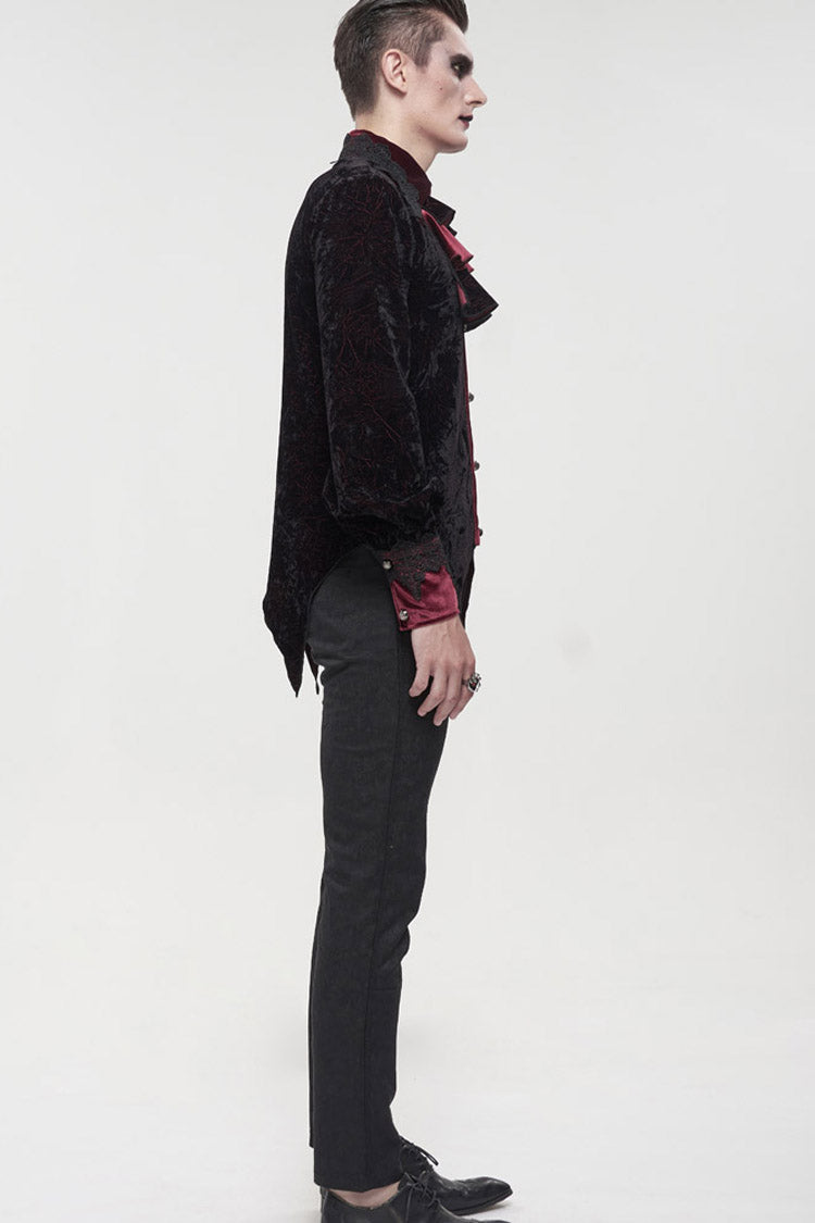 Crimson & Noir Velvet Stand Collar Ruffle Lantern Sleeve Gothic Shirt for Men