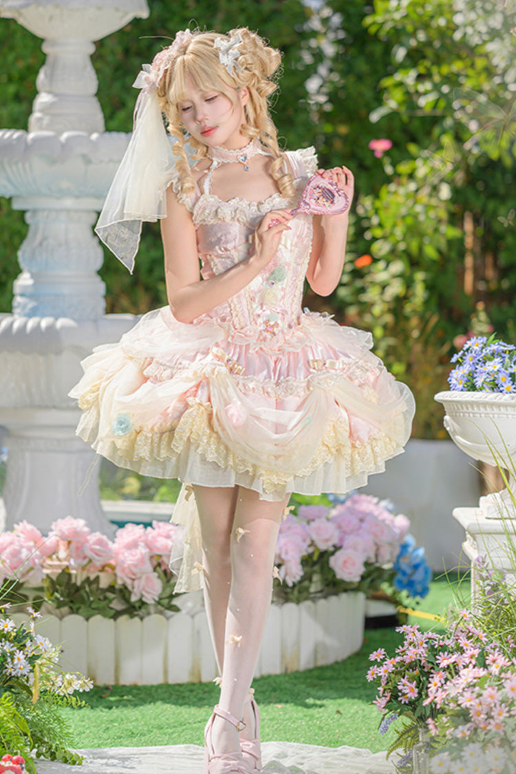 Dream Garden Ruffle Hanayome Embroidery Bow Lace Fishbone Princess Gorgeous JSK Dress in Pink