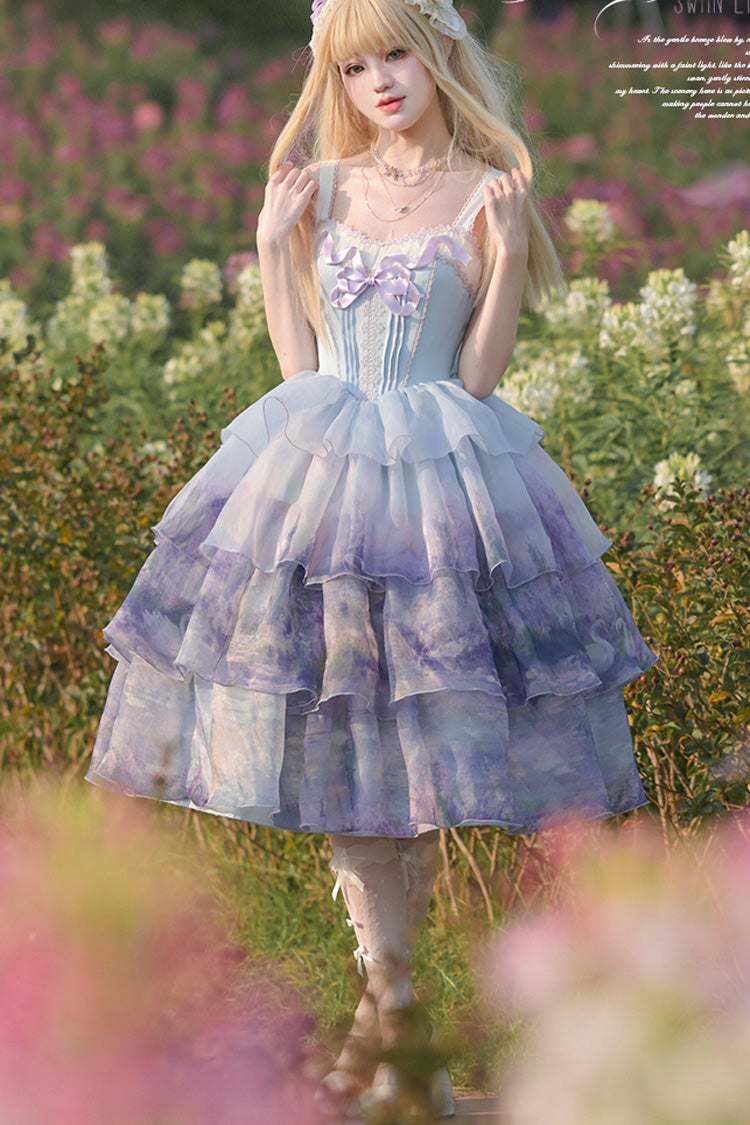 Multi-Color Swan Lake Printed Oil Painting Sweet Lolita JSK Dress - Three-Layer