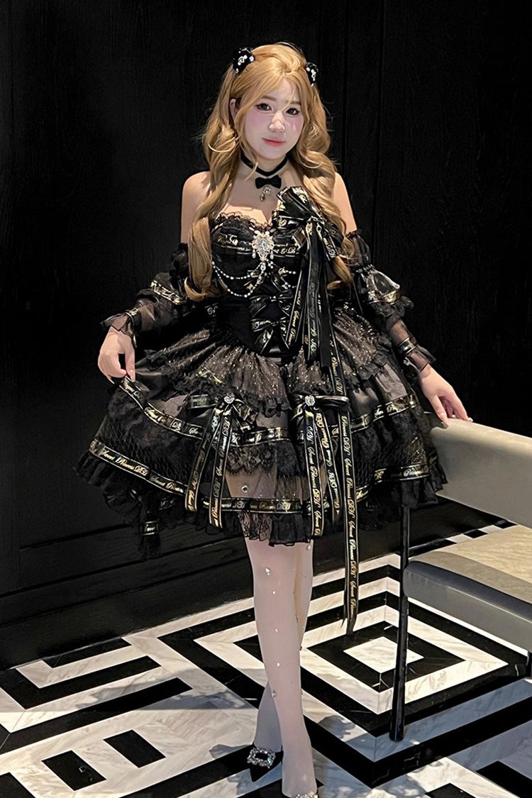 Black Sleeveless Double-Layered Ruffle Bow Pearl Gothic Dress