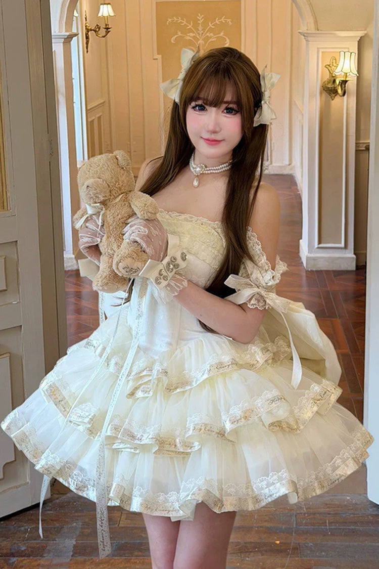 Apricot Sweet Lolita Dress with Off Shoulder Triple-Layer Ruffles and Bowknot Accents