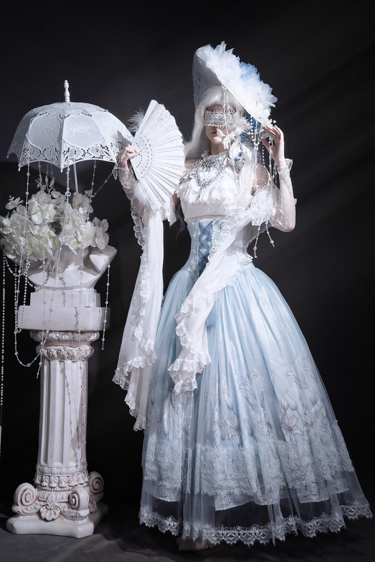 Snow Lily Print Ruffle Hanayome Embroidery Lace-Up Elegant Princess Lolita Skirt Set in Blue