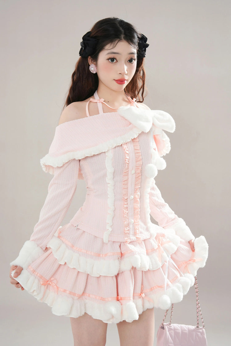 Pink Long Sleeve Ruffle Bow Lace Sweet Princess Tiered Skirt Set