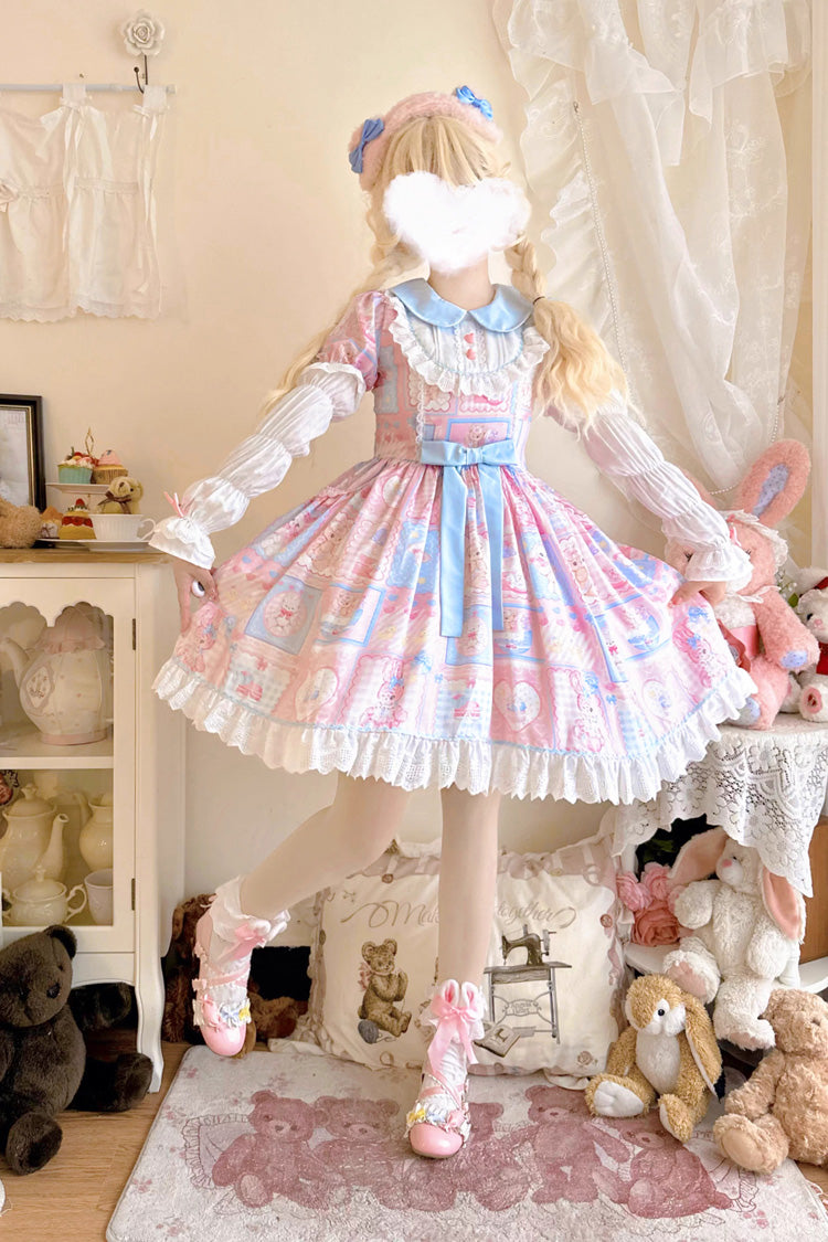 Lapel Collar Long Sleeve Printed Bow Sweet Lolita Dress