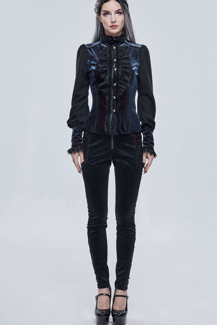 Gothic Turtleneck Shirt with Lantern Sleeves, Velvet Lace-Up, 3D Lace