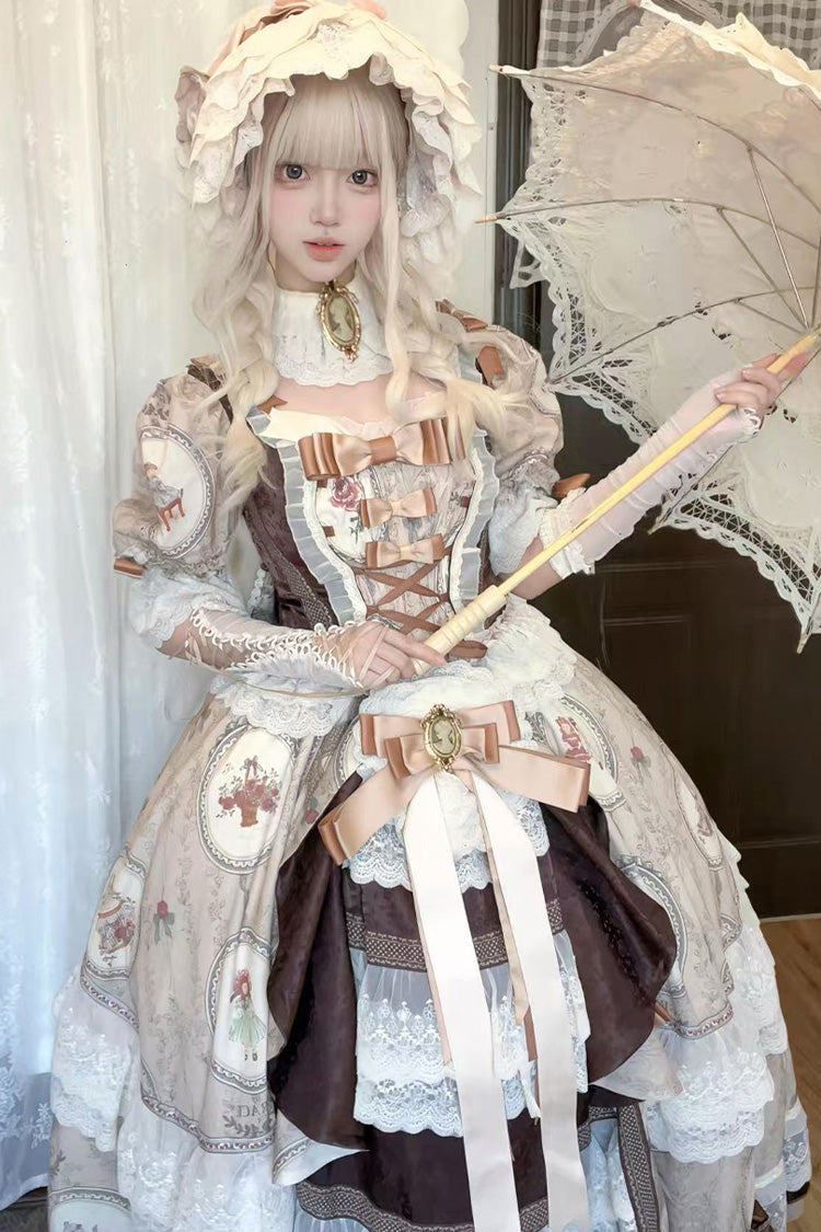 Baker Street Tea Party Short Sleeve High Waist Print Ruffle Embroidery Cardigan Bow Lace-Up Vintage Princess