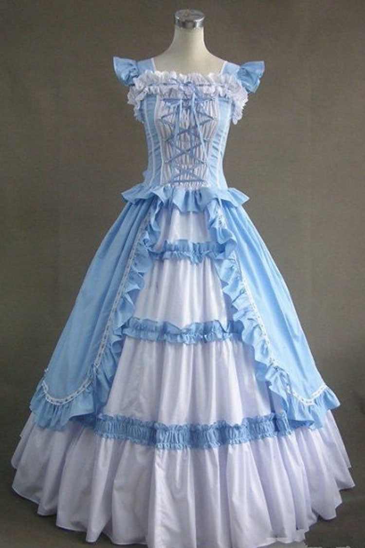 Blue Cotton Victorian Lolita Dress Square Collar Cap Sleeves Ruffled - Altfashion Shop