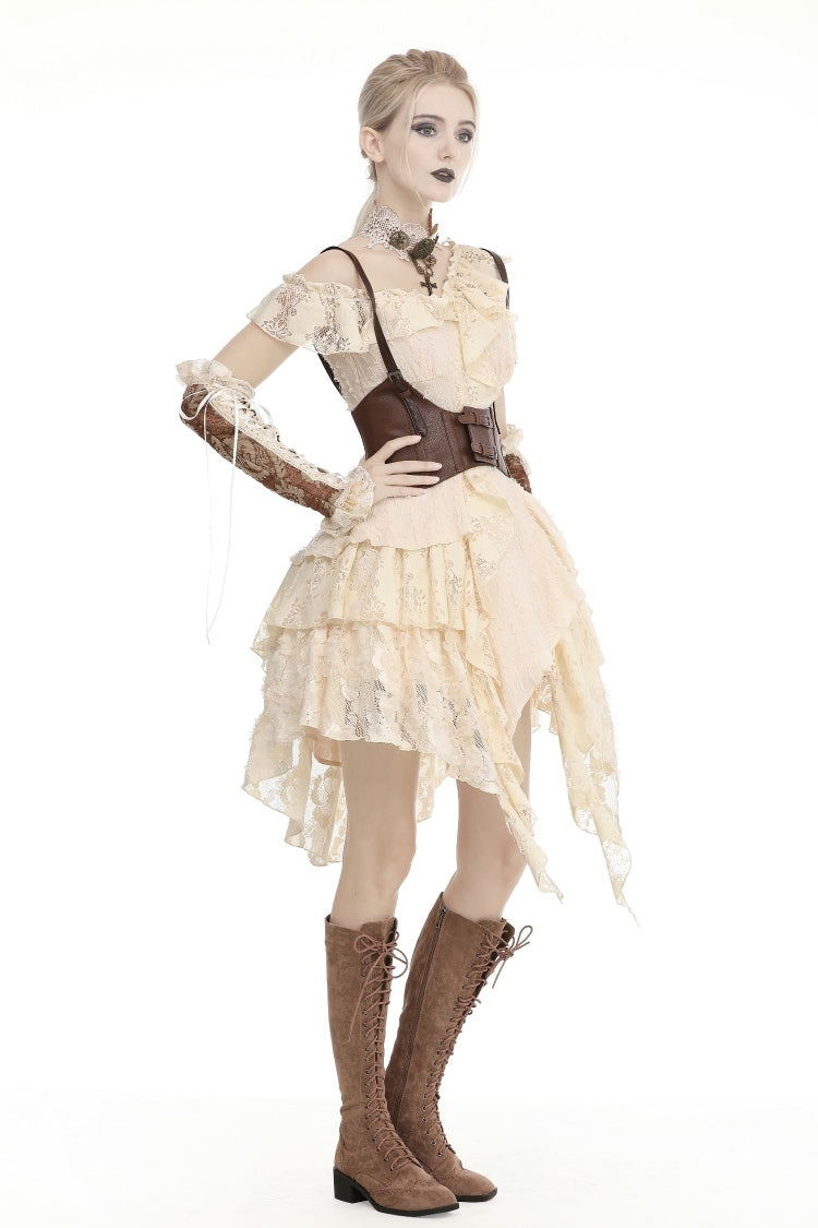 Beige Irregular Multi-Layer Ruffled Lace Steampunk Vintage Dress