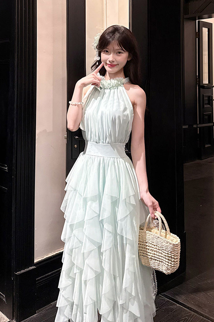Green Halterneck Ruffled Irregular Sweet Dress