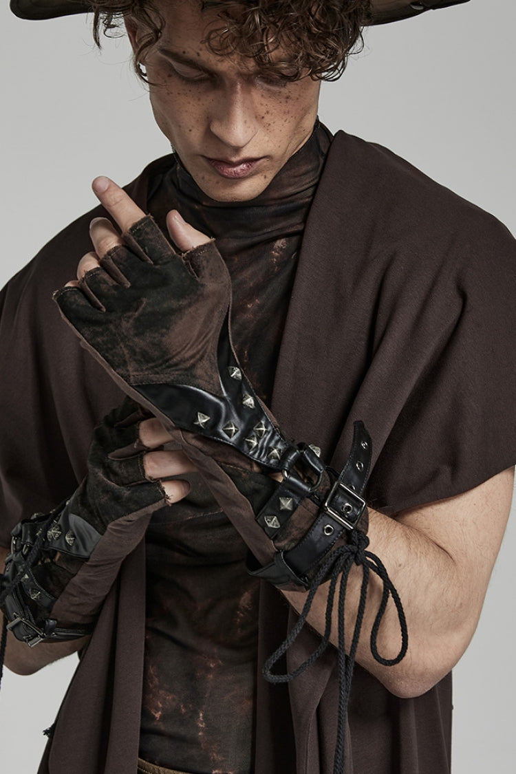 Steampunk Lace-Up Gloves with Rivet Print for Men in 2 Tones