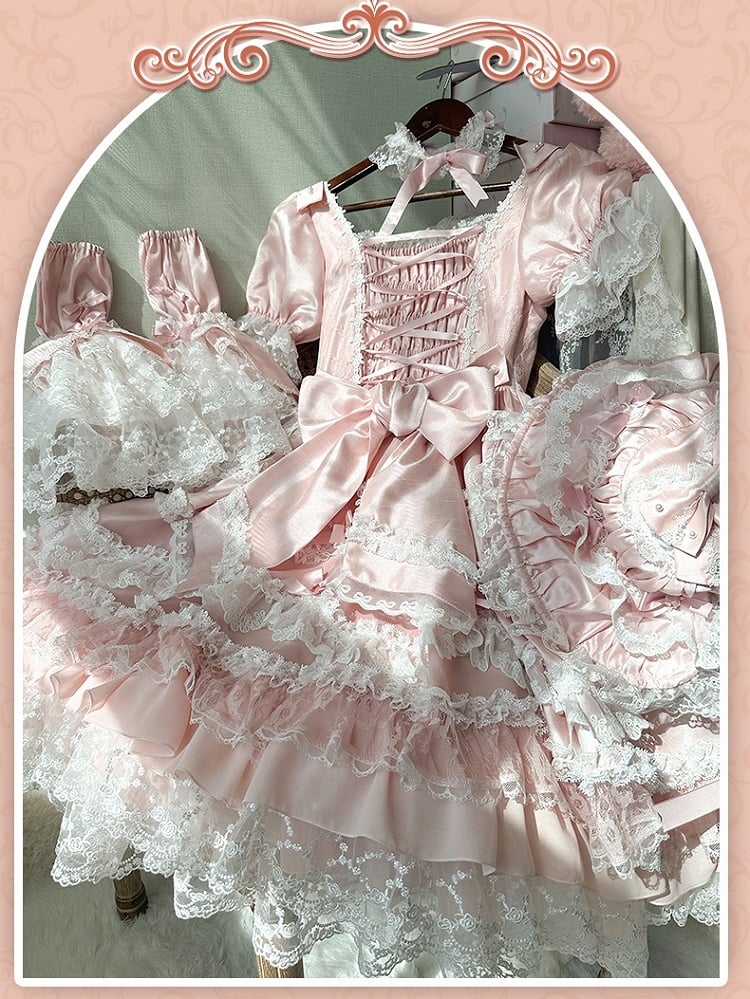 Lolita High Bow Pink Dress Sweet with Waist Accents Detachable Sleeves Princess