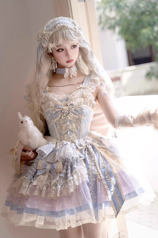 Moonstone Sleeveless Ruffle Embroidery Bow Lace Fishbone Princess Dress in Blue