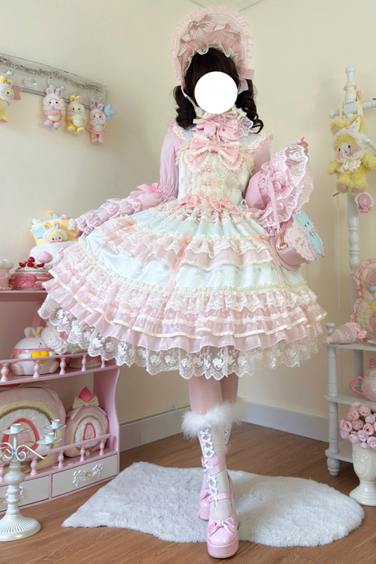 Sweet Lace JSK Dress with Ruffle Bow in Green