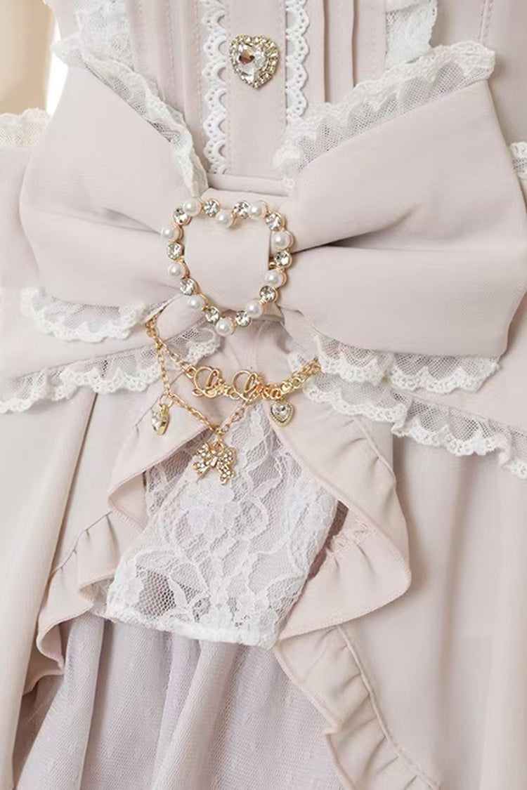 Cute Square-Neck Bow-Trimmed Short-Sleeve Lace Dress Set in Three Colors