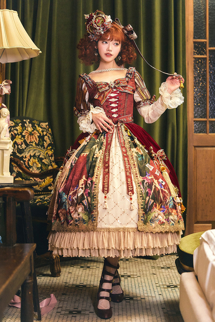 Red Kaleidoscope of Dreams Double-Layer Print Embroidery Bow Lace-Up Classic Vintage Gorgeous Lolita