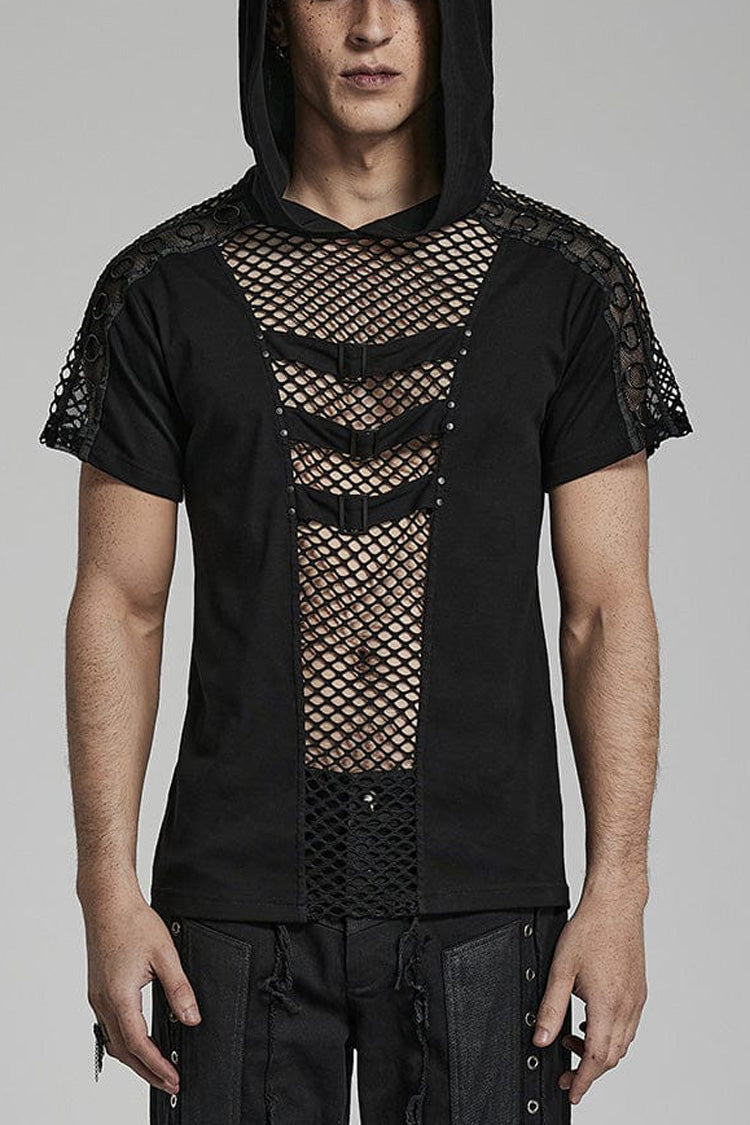 Hooded Steampunk Mesh Shirt with Stitching for Men