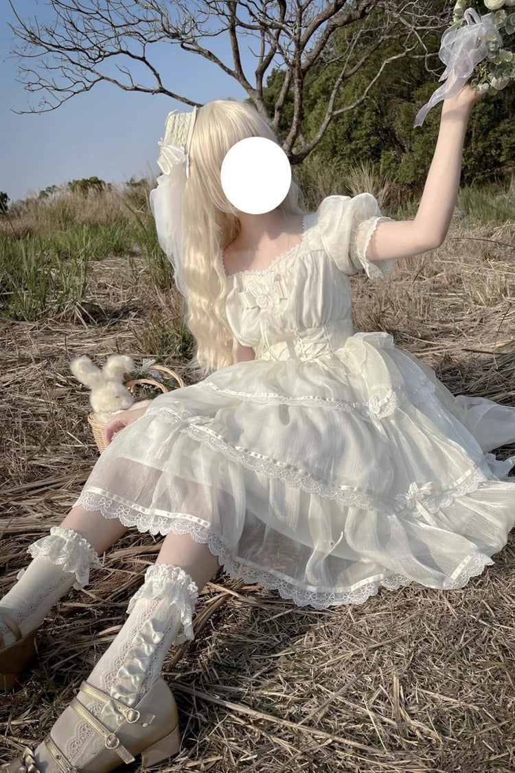 Ivory Square Neck Short Sleeve High-Waist Multi-Layer Ruffle Plus Size Lolita Dress
