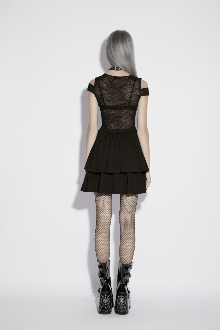 Black Off-Shoulder Multi-Layer Cut-Out Spliced Mesh Eyelet Gothic Dress