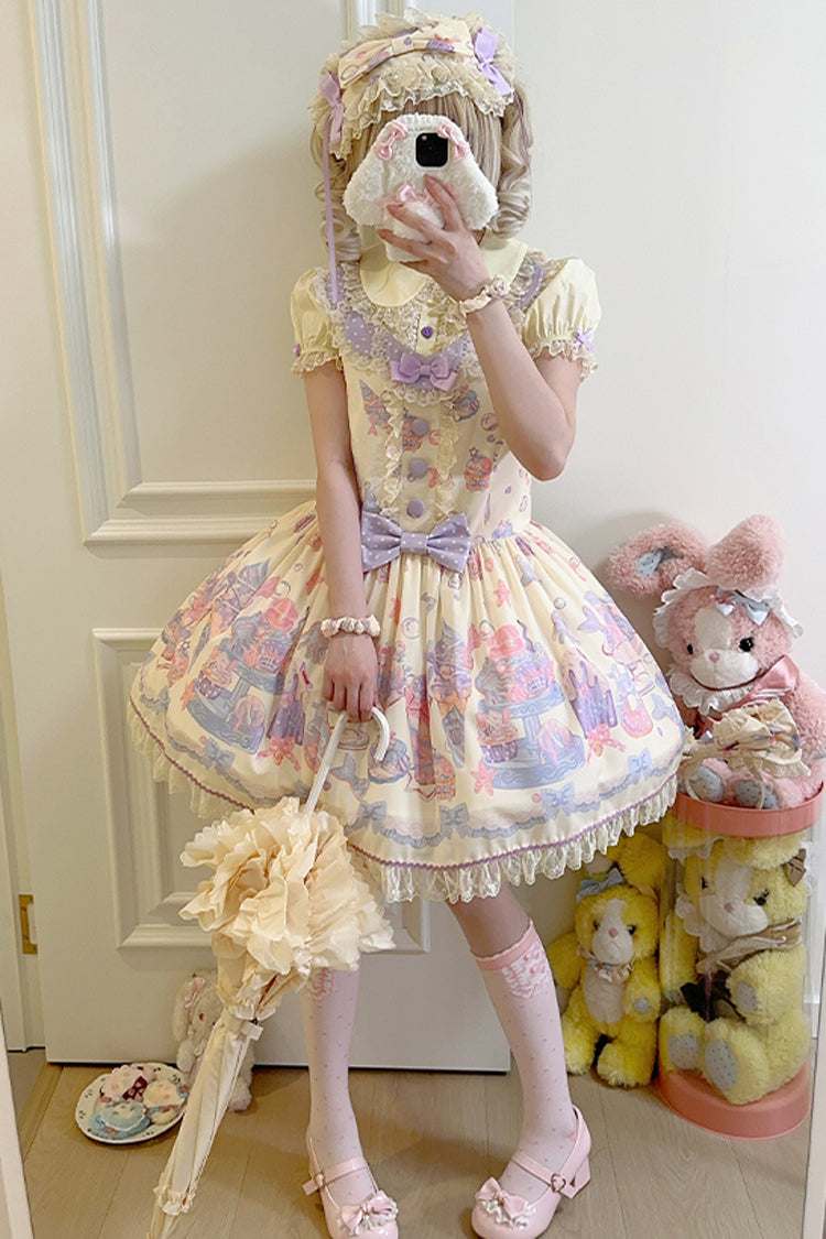 Cream Soda Mermaid Print Yellow Bow Lace Sweet Lolita Strap Dress