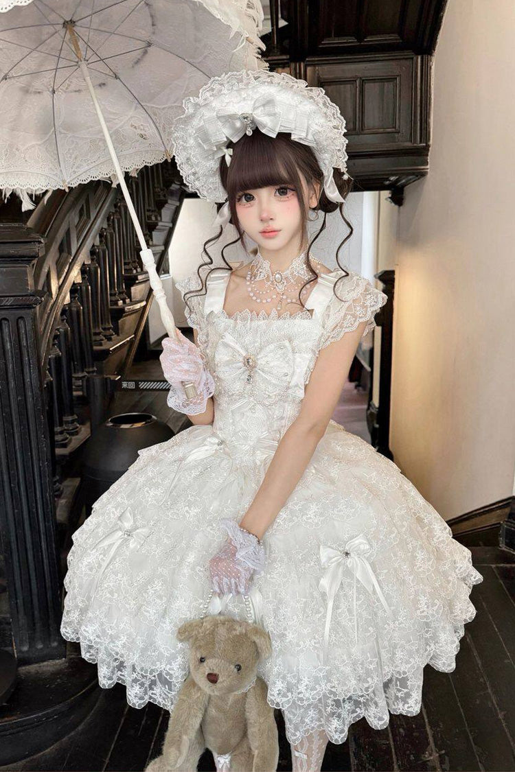 Ivory Square Collar Sleeveless Multi Bow Lace Pearl Gothic JSK